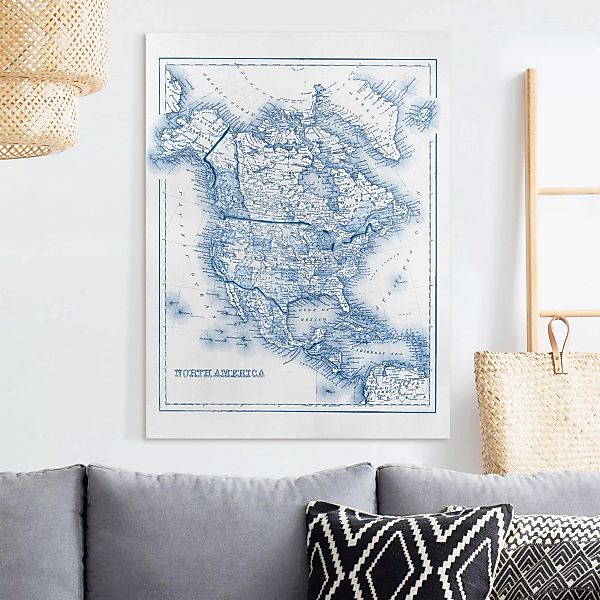 Leinwandbild Landkarte - Hochformat Karte in Blautönen - Nordamerika günstig online kaufen