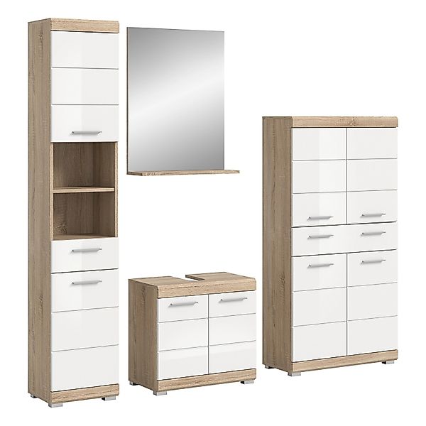 Badkombi Lambada m. Spiegel/Midischrank Eiche/Weiß Hochglanz 186 cm 4-tlg. günstig online kaufen