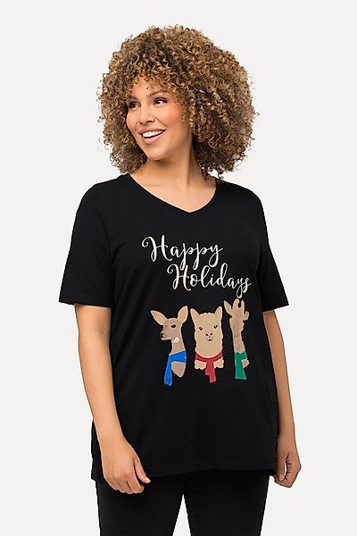 Ulla Popken T-Shirt Weihnachts-Shirt Tiere A-Linie V-Ausschnitt günstig online kaufen