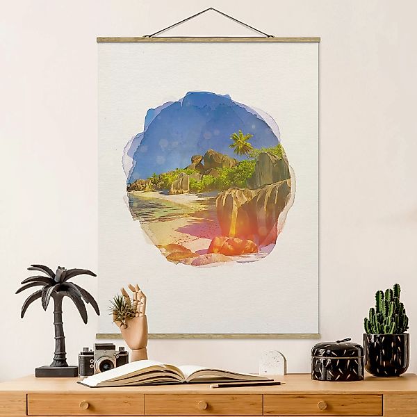 Stoffbild Strand mit Posterleisten - Hochformat Wasserfarben - Traumstrand günstig online kaufen