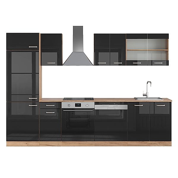 Vicco R-Line Küche Schwarz Hochglanz/Goldkraft Eiche 300 cm ohne Arbeitspla günstig online kaufen