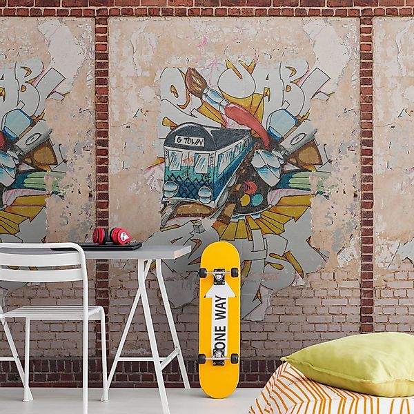 PROFHOME 392401-GU Fototapete Ziegelstein Braun Beige Rot Blau 1,59 m x 2,8 günstig online kaufen