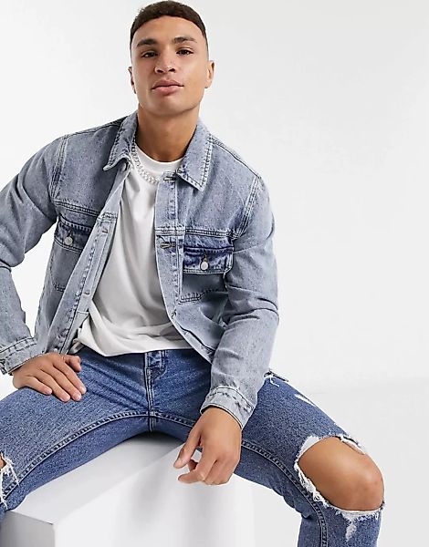 Topman – Jeansjacke aus Bio-Baumwolle in heller Waschung-Blau günstig online kaufen