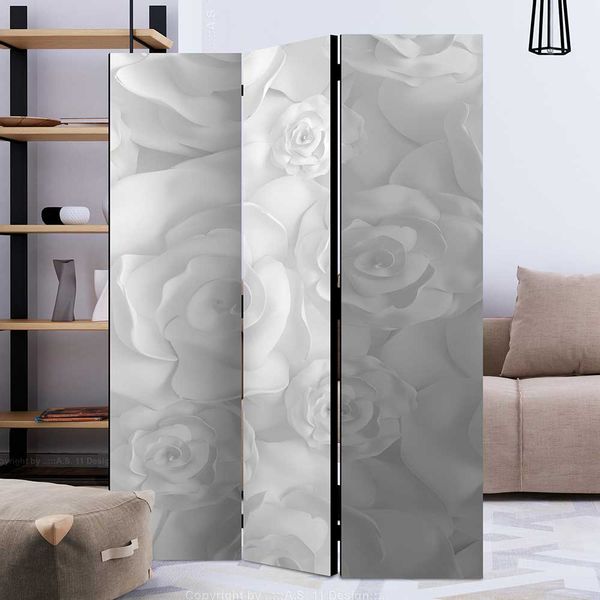 Paravent floral in Hellgrau und Weiß Rosen Motiv günstig online kaufen
