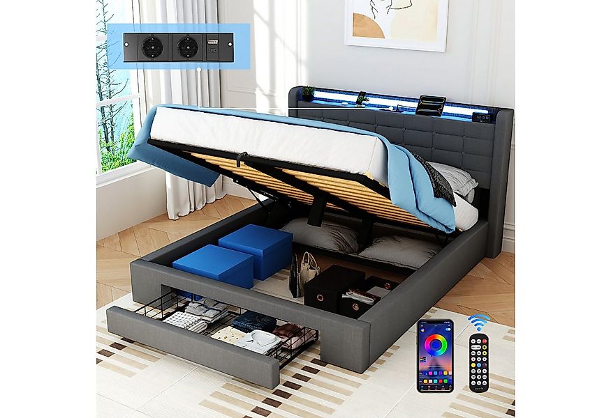 oyajia Stauraumbett LED Hydraulisches Doppelbett 140x200cm mit Ladefunktion günstig online kaufen