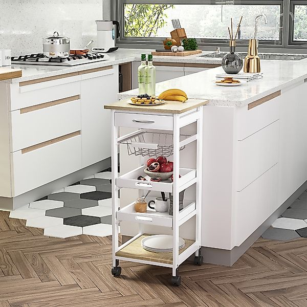 HOMCOM Küchenwagen Servierwagen mit Schublade abnehmbares Tablett Kiefer We günstig online kaufen