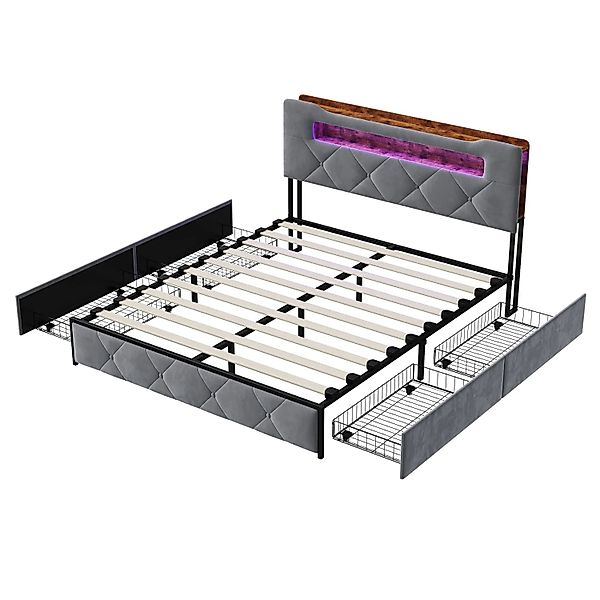 PXloue Polsterbett Grau 140x200cm-4 Schubladen-Bett mit Ladefunktion&LED-Be günstig online kaufen