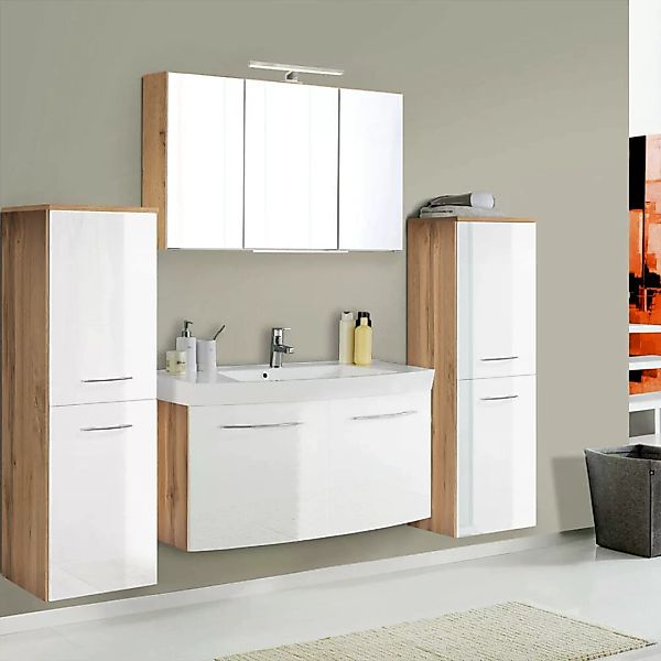 Badmöbel Set mit 100cm Waschtisch FLORIDO-03-OAK in weiß Hochglanz mit Wota günstig online kaufen