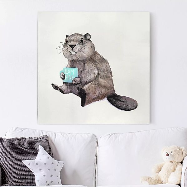 Leinwandbild Tiere - Quadrat Illustration Biber mit Kaffeetasse günstig online kaufen