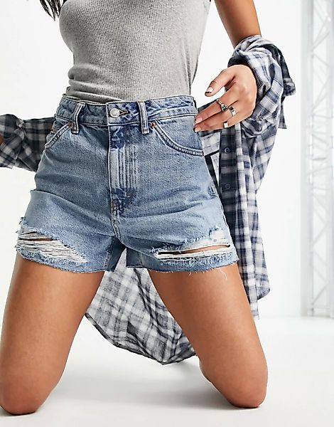 Topshop – Mom-Shorts in A-Linie und in Mittelblau günstig online kaufen