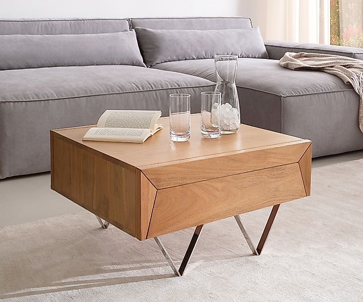 DELIFE Couchtisch Kayu, Akazie Natur 60x60 cm 2 Schübe V-Fuß Edelstahl Couc günstig online kaufen