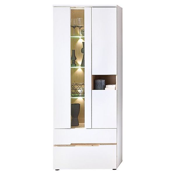 Lomadox Vitrine MANRESA-36-WHITE in weiß supermatt mit Eiche, inkl. LED-Bel günstig online kaufen