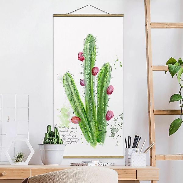 Stoffbild Blumen mit Posterleisten - Hochformat Kaktus mit Bibelvers II günstig online kaufen