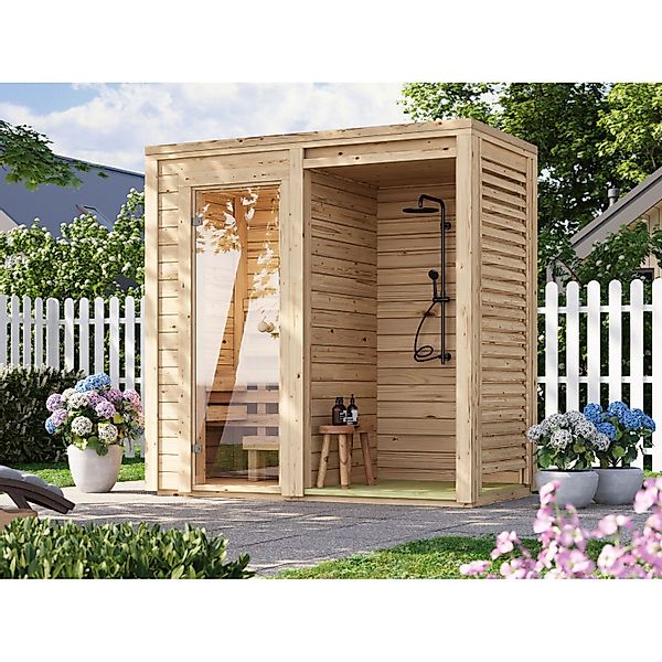 Fjordholz Mini Saunahaus Modell Nick mit Dusche Duscharmatur Edelstahl Schw günstig online kaufen