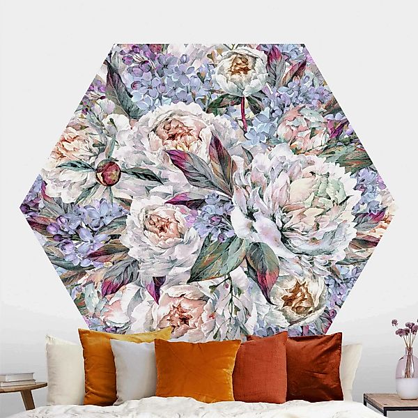 Hexagon Fototapete Aquarell Flieder Pfingstrosen Bouquet günstig online kaufen