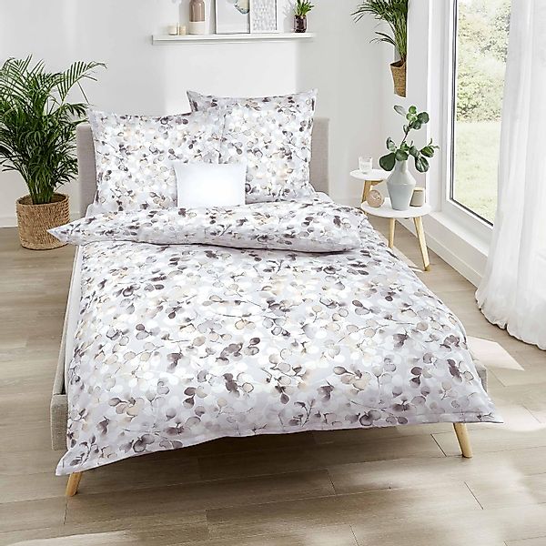 Bettwäsche Kaeppel Satin 565-639 Stein grau beige Blätter 135x200 günstig online kaufen