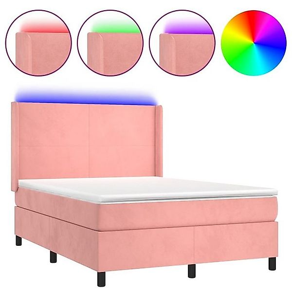 vidaXL Bettgestell Boxspringbett mit Matratze LED Rosa 140x200 cm Samt Bett günstig online kaufen