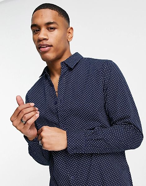 Threadbare – Langärmliges, gemustertes Hemd in Marineblau günstig online kaufen