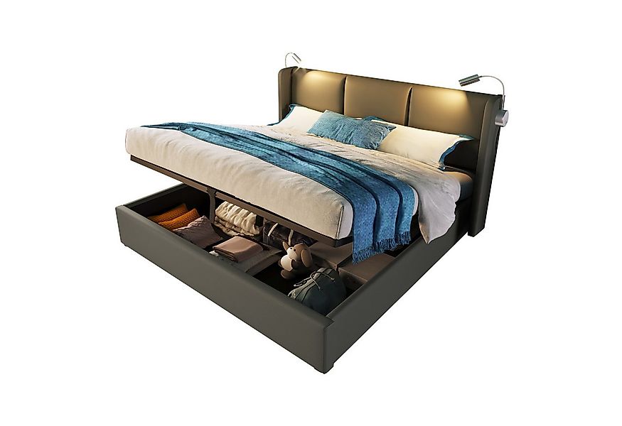 Flieks Polsterbett, Kunstleder Hydraulisches Stauraumbett Leselicht 140x200 günstig online kaufen