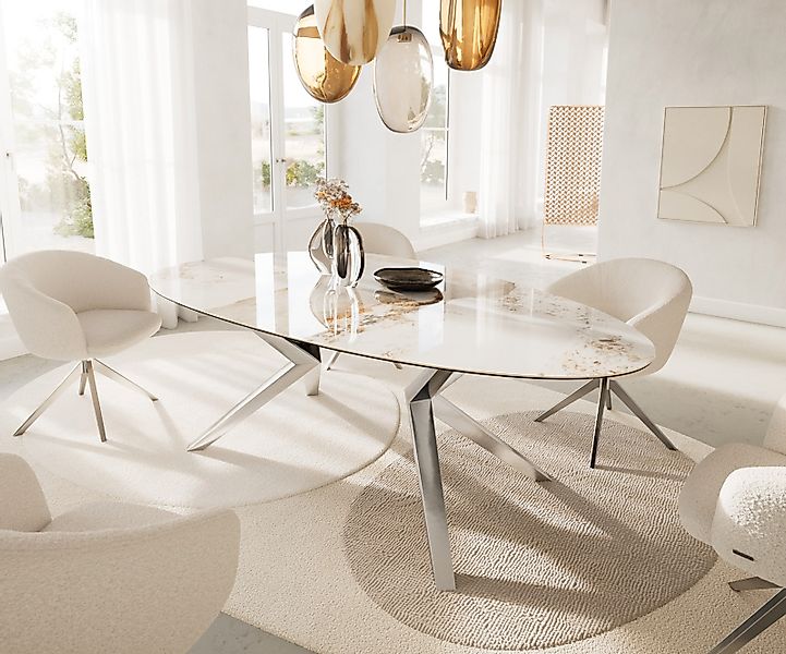 Esstisch Edge Oval 220x120 Keramik Minas Melange Weiß-Beige Zenthara kantig günstig online kaufen