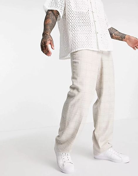 ASOS DESIGN – Elegante Hose aus Leinenmischung mit weitem Bein & Karomuster günstig online kaufen