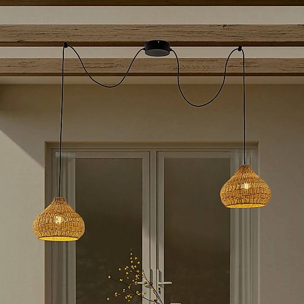 Lucande Außenhängelampe Taniola, 2-flg., beige, Rattan, IP44 günstig online kaufen