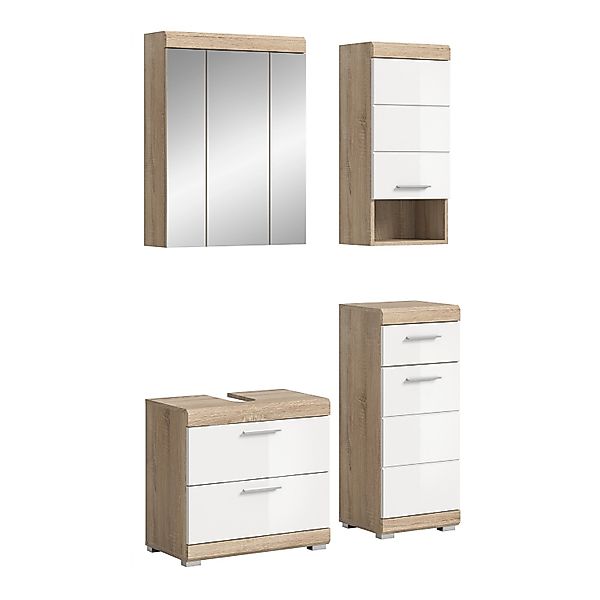 Badkombi Lambada m. Spiegelschrank Eiche Hell/Weiß Hochglanz 112 cm 4-tlg. günstig online kaufen