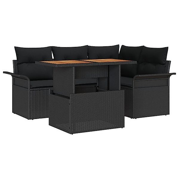 vidaXL Loungesofa 5-teiliges Garten Essset mit Kissen Schwarz Poly Rattan, günstig online kaufen