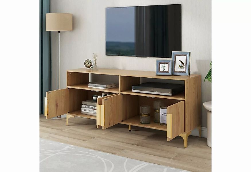 WISHDOR TV-Schrank Holz-TV-Ständer, 4-türiger TV-Schrank mit 2 offenen Fäch günstig online kaufen