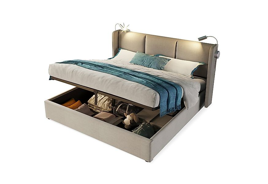Flieks Polsterbett, Leinen Hydraulisches Stauraumbett Leselicht 160x200cm günstig online kaufen