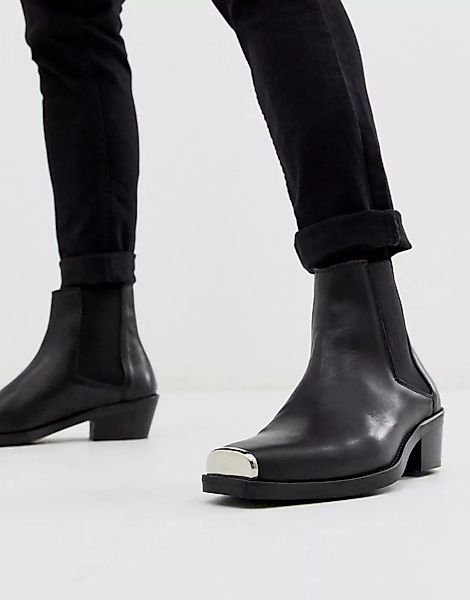 ASOS DESIGN – Chelsea-Stiefel im Western-Stil aus schwarzem Leder mit kuban günstig online kaufen