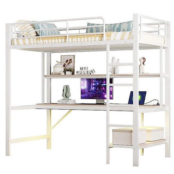 SOFTWEARY Hochbett mit Schreibtisch und LED-Beleuchtung (mit USB Anschlüsse günstig online kaufen