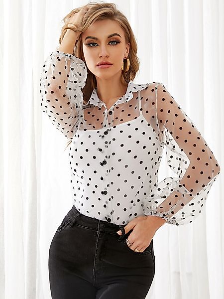 Bluse mit Polka Dot-Mesh-Laternenärmeln günstig online kaufen