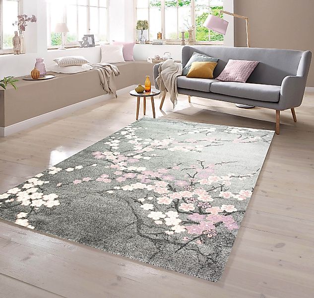 TeppichHome24 Teppich Teppich mit Blumenmotiv Pink Grau, rechteckig günstig online kaufen