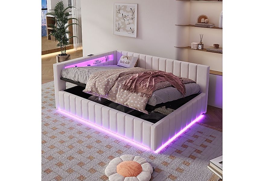 OKWISH Schlafsofa Polsterbett 140x200 mit LED,USB & hydraulischem Stauraum, günstig online kaufen