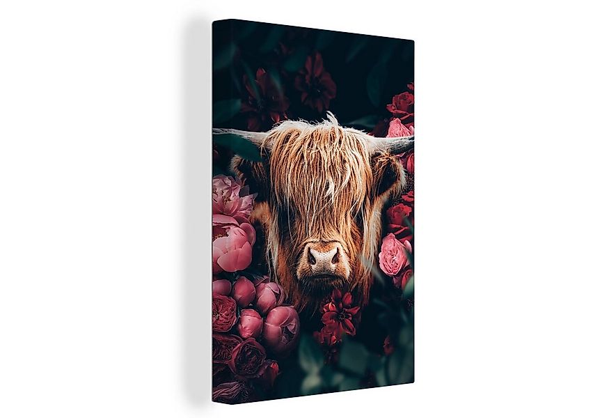 OneMillionCanvasses® Leinwandbild Kuh - Schottischer Highlander - Blumen - günstig online kaufen