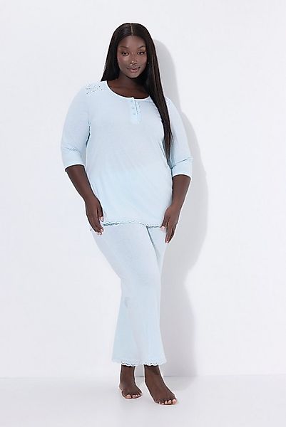 Ulla Popken Pyjama Pyjama Zweiteiler Lochstickerei Zierfalte 3/4-Arm günstig online kaufen