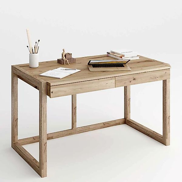 Schubladen Schreibtisch aus Wildeiche Massivholz Bügelgestell günstig online kaufen