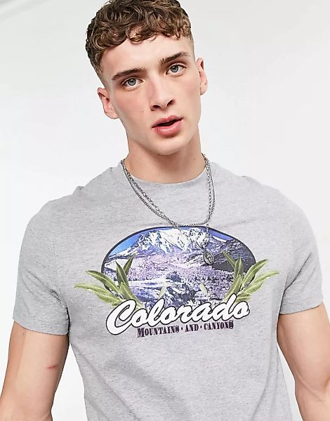 ASOS DESIGN – T-Shirt in Kalkgrau aus Bio-Baumwolle mit „Colorado“-Print günstig online kaufen