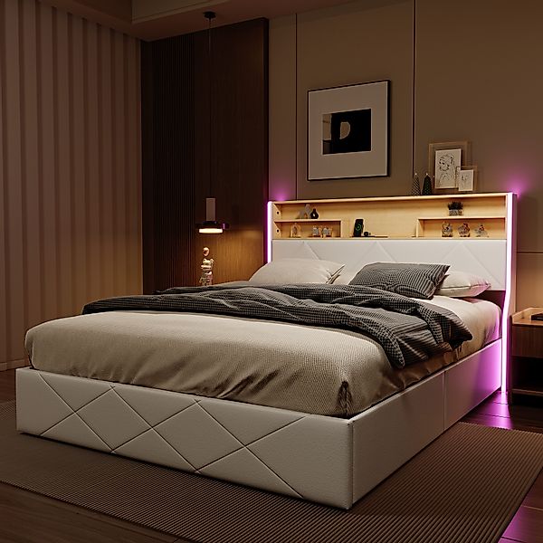 PXloue Polsterbett LED hydraulisches Doppelbett (Kopfteil günstig online kaufen