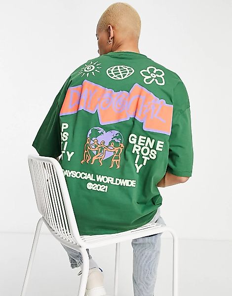 ASOS Daysocial – Oversize-T-Shirt in Dunkelgrün mit großem Grafikprint auf günstig online kaufen