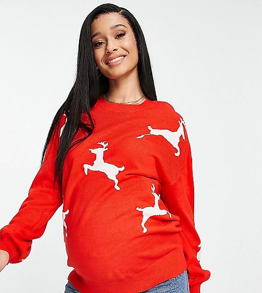 ASOS DESIGN – Maternity – Weihnachts-Pullover mit Rentier-Muster-Rot günstig online kaufen