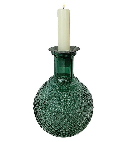Vase Glas Dunkelgrün mit Kerzenhalteraufsatz Zink Flaschenaufsatz Vintage H günstig online kaufen