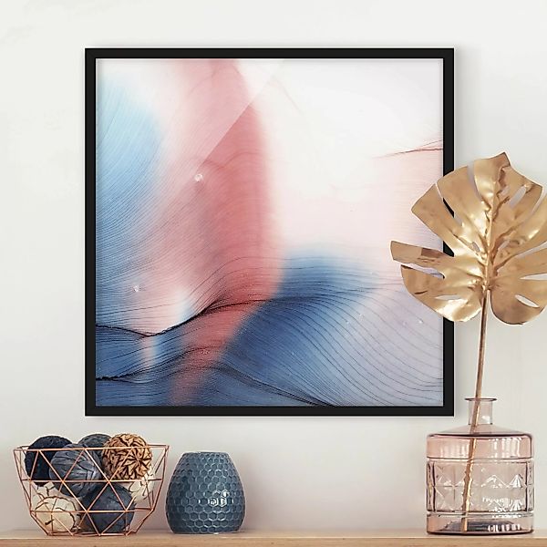 Bild mit Rahmen Melierter Farbtanz in Blau mit Rot günstig online kaufen
