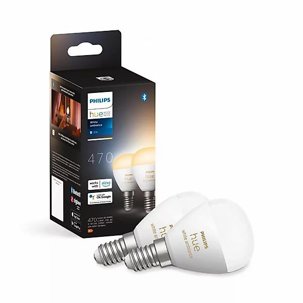 Philips Hue White Ambiance LED E14 Kugel in Weiß 5,1W 370lm Zweierpack günstig online kaufen