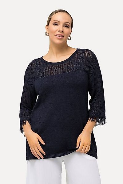 Ulla Popken Strickpullover Pullover Lochmuster Rundhals Fransen 3/4-Arm günstig online kaufen