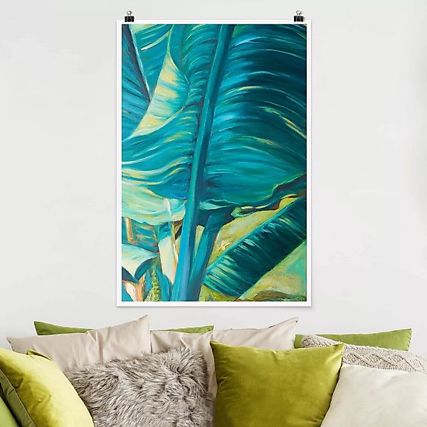 Poster Kunstdruck - Hochformat Bananenblatt mit Türkis I günstig online kaufen