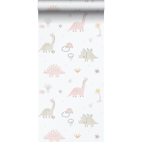 Sanders & Sanders Tapete Dinosaurier Hellrosa Weiß und Grau 53 cm x 10.05 m günstig online kaufen