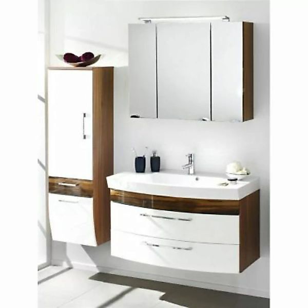 Lomadox Badezimmer-Set in weiß Hochglanz und Walnuss Nb. inkl. 100cm Wascht günstig online kaufen