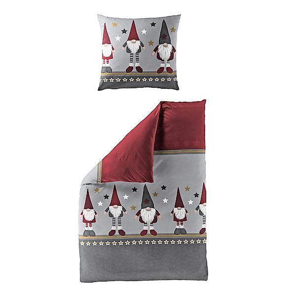 Bettwäsche Bierbaum Biber 4104-61 Wichtel Sterne grau rot 135x200 günstig online kaufen